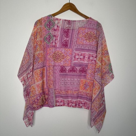 Chicos Blouse Coastal Tile Chiffon Bubble Hem Pink Orange XL - Picture 8 of 12